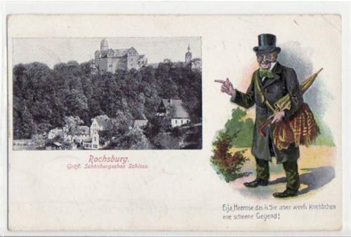 Rochsburg mit Schloss und Spaziergänger gelaufen von 1929 kleiner Knick oben rechts, sonst gut erhalten.