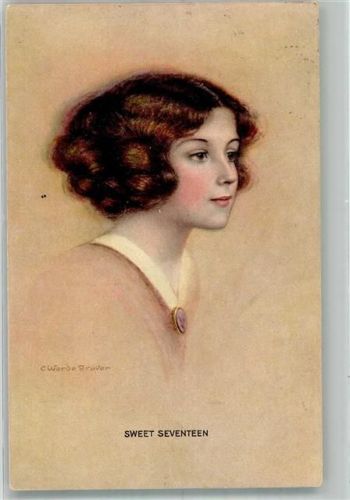 1914 sign. Warde Traver Sweet Seventeen Haarmode Künstlerkarte