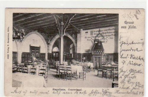 Köln Stadt Köln mit Concertsaal im Stapelhaus gelaufen von 1902, Marke entfernt. Gute Erhaltung.