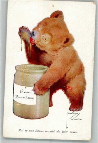 1931 sign. Wood, Lawson Bär schleckt Honig Künstlerkarte Primus-Postkarte Verlag Wohlgemuth & Lissner No. 2533
