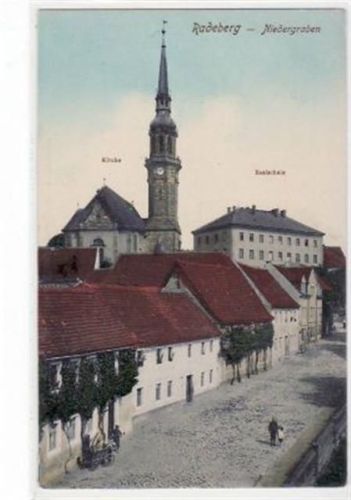 Radeberg, Niedergraben mit Blick auf die Kirche u. Realschule ungelaufen Gute Erhaltung.