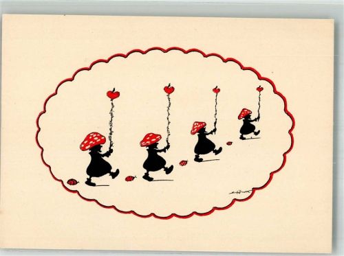 Scherenschnitt Zwerge marschieren mit Pilzhüten Marienkäfer und Herzen Reichsbund der Körperbehinderten