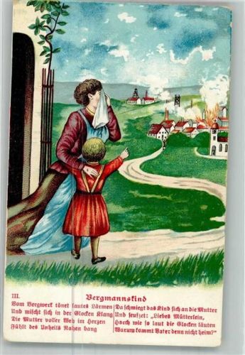 Kind mit weinender Mutter blickt auf brennendes Bergwerk Gedicht Bergmannskind III