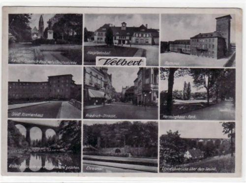 Velbert mit 9 Abbildungen gelaufen von 1942. Leichter Bug unten in der Mitte, kleiner Knick oben links, leichter Bug oben und unten rechts, leicht fleckig, sonst gut erhalten