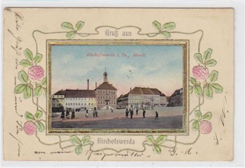 Bischofswerda Passepartoutkarte vom Markt in Bischofswerda gelaufen 1903. Leicht fleckig, sonst gut erhalten.