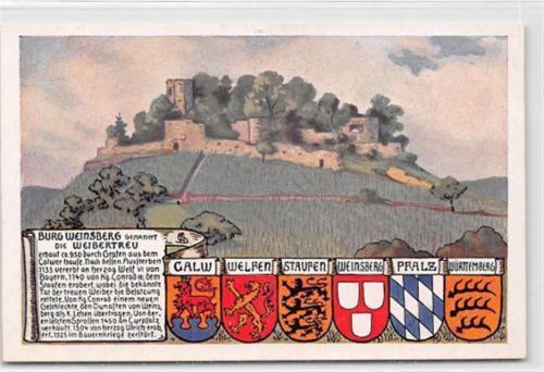 Burg Weinsberg genannt die Weibertreu. Künstlerkarte mit Wappen ungelaufen Gute Erhaltung.