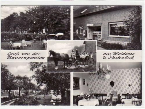 Heidesee bei PEcke loh, 5 Abbildungen mit Bauernpension gelaufen, mit Marke und Stempel, Datum nicht lesbar. leichte Abschürfungen, kleiner Knick oben rechts, leichter Stempeldurchdruck, sonst gut erhalten