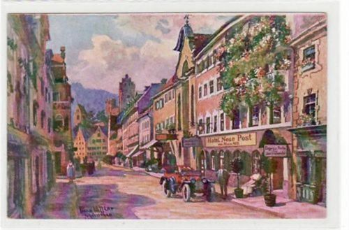 Künstlerkarte Füssen. Reichenstrasse Hotel Neue Post von Alois Mitl Auto im Vordergrund ungelaufen Sehr gut erhalten.