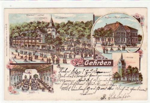Gehrden, Lithographie mit Waldschlösschen u. Kirche gelaufen, 1898 kleiner Knick oben rechts, leicht stockfleckig, sonst gut erhalten