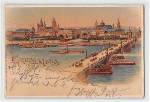 Mainz Lithographie Mainz am Rhein. Blick auf die Stadt gelaufen. Marke entfernt. Leichte Abschürfungen Vorderseite, leicht stockfleckig, sonst gut erhalten