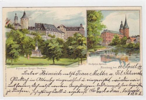 Altenburg, Lithographie. Schloss mit Kriegerdenkmal u. die Roten Spitzen gelaufen, 1899. Gute Erhaltung.