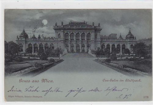 Mondscheinkarte Gruss aus Wien. Cur-Salon im Stadtpark gelaufen am 05.05.1899. Leichte Stempelspuren, sonst gut erhalten