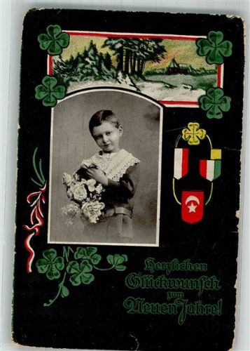1915 Neujahr Junge mit Rosen Zweibund Glücksklee Schwarz-Weiß-Rot S.V.D. Serie 6022/2 Maschinenstempel