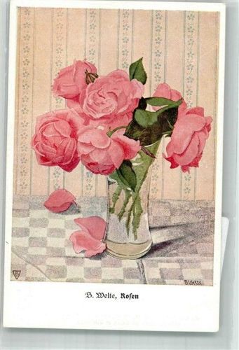 1916 sign. Welte, Berta Künstlersteinzeichnung Rosen in einer Vase