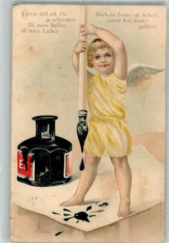 Prägedruck Kleiner Engel bei Schreibversuchen Künstlerkarte Tintenfass 1908 Gebrauchsspuren