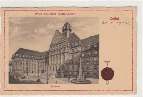 Kassel Kassel. Rathaus gelaufen, 1912. Leicht fleckig, Ecken mit Albumabdrücken, sonst gut erhalten