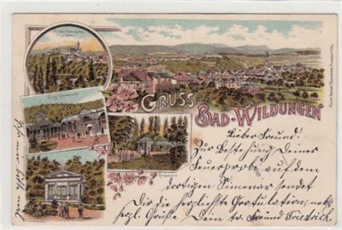 Bad Wildungen, Lithographie. Georg Victorquelle Schloss Friedrichstein Königsquelle Helenenquelle Bad Wildungen gelaufen, 1900. Leichte Stempelspuren, leicht stockfleckig, leicht bügig, sonst gut erhalten