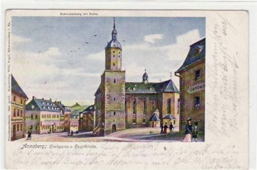 Annaberg-Buchholz Annaberg mit Kirchgasse und Hauptkirche gelaufen von 1908. Leicht bügig, leicht fleckig, sonst gut erhalten.