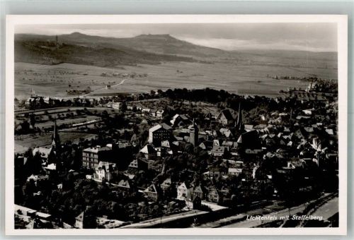 Lichtenfels 1938 Fliegeraufnahme des Ortes mit der Stadtpfarrkirche Mariä Himmelfahrt und dem Staffelberg