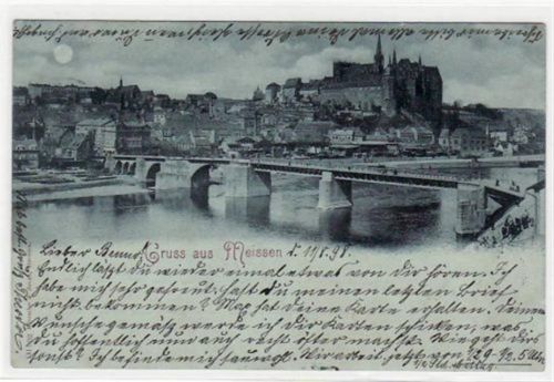 Meißen Meissen, Mondscheinkarte mit Gesamtansicht gelaufen von 1898. Ecken mit Albumabdrücken, sonst gut erhalten.