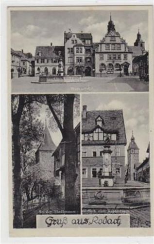 Rodach. Marktplatz, eine Partie an der Stadtmauer Brunnen Blick zum Kupferturm gelaufen am 21.10.1942 kleiner Bug Kartenmitte, sonst gut erhalten