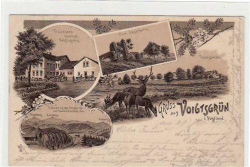 Voigtsgrün, Lithographie mit 4 Abbildungen gelaufen von 1898. Leichter Bug oben rechts, kleiner Knick oben links, kleiner Riß am Rand oben in der Mitte, sonst gut erhalten