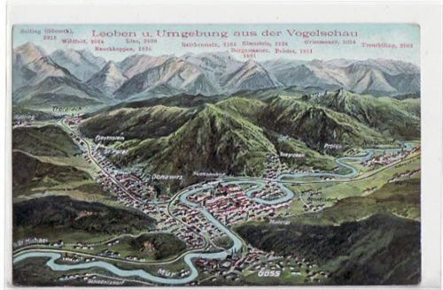 Leoben und Umgebung aus der Vogelschau ungelaufen kleiner Knick unten links, sonst gut erhalten