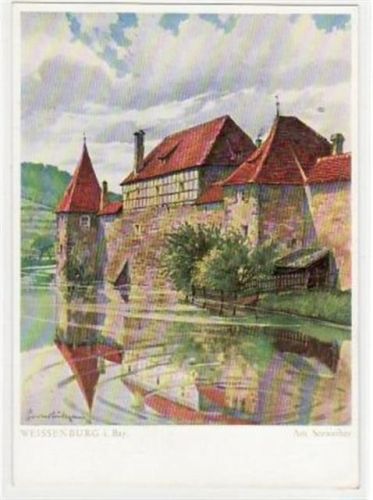 Weissenburg, Künstlerkarte mit Partie am Seeweiher ungelaufen Gute Erhaltung.