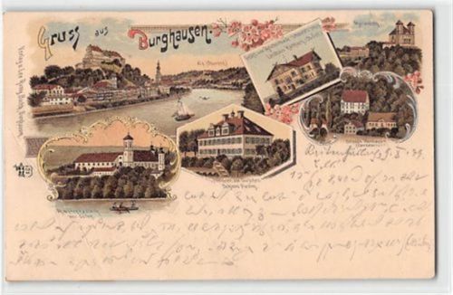 Lithographie Burghausen mit Raitenhaslach u. Marienberg<strong>. </strong>gelaufen. Leichter Knick oben rechts und unten links Rückseite hinterlegt, sonst gut erhalten