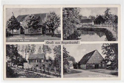 Regesbostel, 4 Abbildungen mit Schuhmacherei - Gemischtwaren v. Wilh. Subey gelaufen, 1954. Gute Erhaltung.