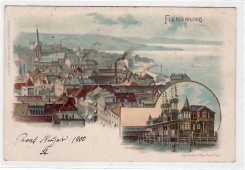 Flensburg, Lithographie mit Dampfschiff-Pavillon gelaufen, 1900. Ecken mit Albumabdrücken, sonst gut erhalten