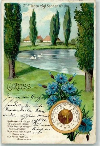 1901 Gruss aus Auf Reegen folgt Sonnenschein Barometer Lithographie