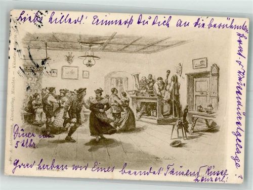 1898 sign. Schleich Bayerische Paare in Tracht beim Schuhplattler Ackermann's Kunstverlag No. 354 Adelskorrespondenz