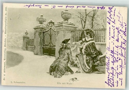 1898 sign. Schmutzler Modisches Paar in klassischer Kleidung bei einer Rast Ackermann's Kunstverlag No. 146 Adelskorrespondenz