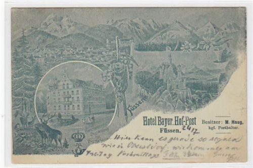 Füssen, 3 Abbildungen mit Hotel Bayer. Hof-Post u. Schloss gelaufen, mit Marke und Stempel von 1901. Unten rechts und links leicht bügig, leicht stockfleckig, sonst gut erhalten