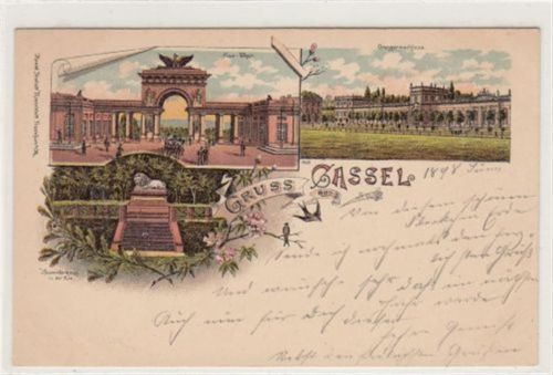 Kassel, Lithographie. Orangerieschloss Aue - Thor Hessendenkmal in der Aue ungelaufen Handschriftliches Datum von 1898. Ecken mit Albumabdrücken, sonst gut erhalten