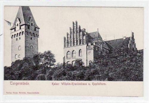 Tangermünde mit Kaiser Wilhelm-Krankenhaus und Kapitelturm. Postalisch nicht befördert, frühe Karte, da Anschriftsseite noch ungeteilt. Top Erhaltung.
