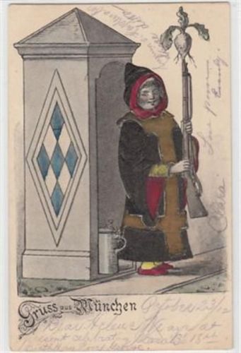 München, Präge - Künstlerkarte. Münchner Kindl als Wachposten Maß Bier Radi im Gewehr gelaufen, 1902 kleiner Knick oben links und unten rechts, sonst gut erhalten Münchner Kindl
