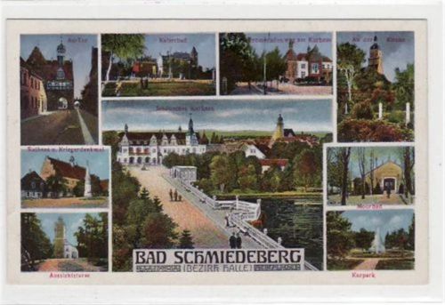 Bad Schmiedeberg Bad Schmiedeberg mit Au - Tor, Kaiserbad, Kurhaus, Rathaus Kriegerdenkmal, Aussichtsturm, Moorbad, gelaufen von 1933 kleiner Knick und kleiner Riß unten links, sonst gut erhalten.