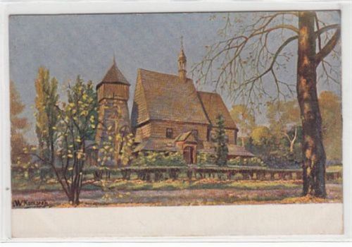 Künstlerkarte von der Schrotholzkirche im Stadtpark Beuthen / Bytom ungelaufen Rückseite leicht fleckig, sonst gut erhalten