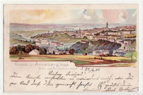 Annaberg, Lithographie mit Blick von der Buchholzer Höhe gelaufen von 1900. Leicht stockfleckig, sonst gut erhalten