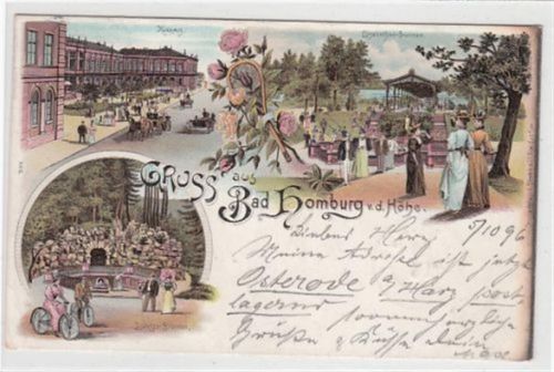 Bad Homburg, Lithographie. Kurhaus Elisabethen-Brunnen Ludwigsbrunnen gelaufen, 1896 kleiner Knick unten links, Oxydationsspuren, sonst gut erhalten