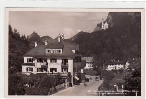 Fotokarte von Hohenschwangau im Allgäu. Hotel Haus Müller Schloß Neuschwanstein im Hintergrund ungelaufen Top Erhaltung.