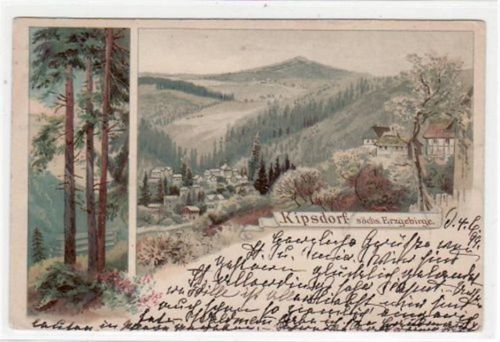 Kipsdorf, Lithographie mit Gesamtansicht und Waldpartie gelaufen von 1899. Gute Erhaltung.