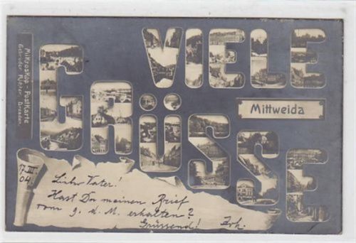 Viele Grüsse aus Mittweida in Sachsen mit verschiedenen Abbildungen in den Buchstaben gelaufen ca. 1904, Marke wurde entfernt. Leichter Bug unten rechts und oben links, sonst gut erhalten.