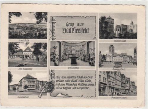 Bad Hersfeld. 7 Abbildungen. Ringplatz, ein Stadtbild Kurpark Brunnen Stiftruine gelaufen, 1955. leichte Abschürfungen, leicht bügig, sonst gut erhalten