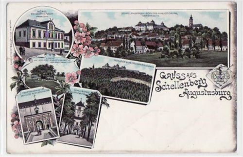 Schellenberg - Augustusburg, Lithographie mit 6 Abbildungen. ungelaufen um 1900 Oxydationsspuren rechter Rand, kleiner Riß linker Rand, leicht bügig, sonst gut erhalten