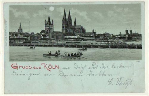 Köln Stadt Köln, Mondschein Lithographie mit Rheinpartie gelaufen von 1900. Leichter Stempeldurchdruck, leicht fleckig, sonst gut erhalten