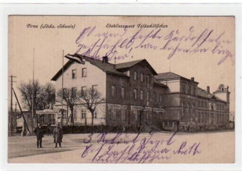 Pirna mit Etablissement Feldschlößchen. Feldpost, mit Stempel von 1916. Leichte Abschürfung Rückseite in der Mitte und unten rechts, sonst gut erhalten.