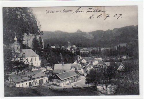 Oybin mit Teilansicht und Kirche gelaufen, Marke entfernt, handschriftliches Datum von 1907. Gute Erhaltung.